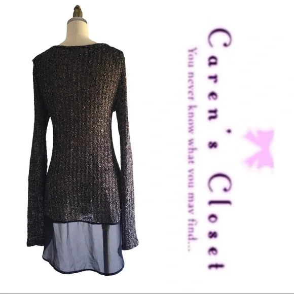 Lush Taupe & Black Knit Sweater with Attached Chiffon Shirt Hem Top. - Picture 6 of 7